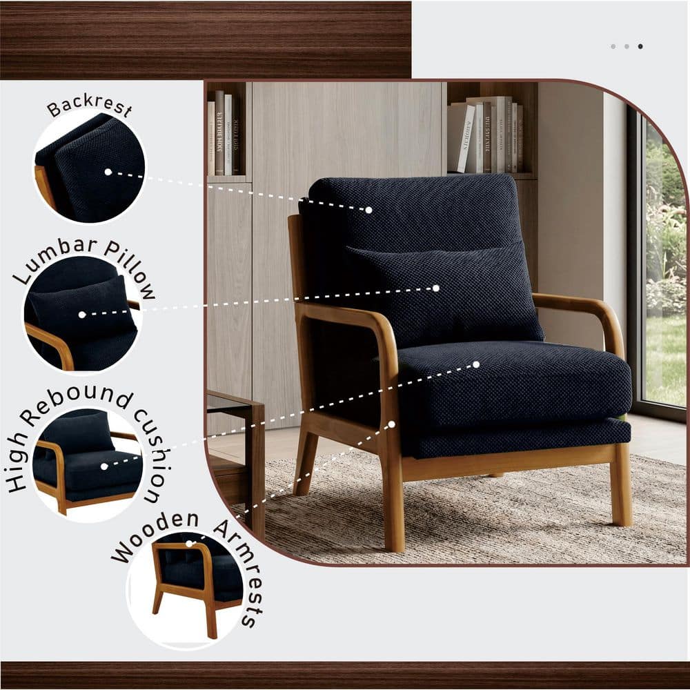 Black Nubby Solid Wood Armchair, Media Chair with Arms, Lumbar Pillow and Back Cushion for Living Room, Bedroom, Office