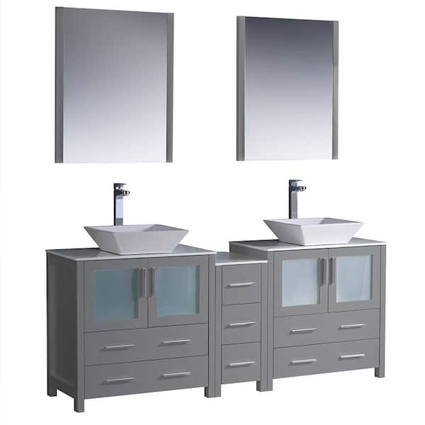 Fresca Torino 72 in. Double Vanity in Gray with Glass Stone Vanity Tops in White with White Vessel Sink,Middle Cabinet,Mirrors