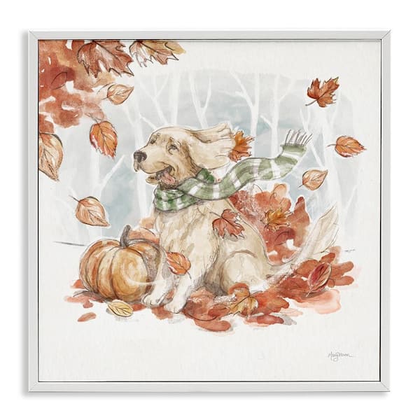 Stupell Industries Happy Autumn Labrador by Mary Urban White Framed Graphic Typography Art Print 24 in. x 24 in.