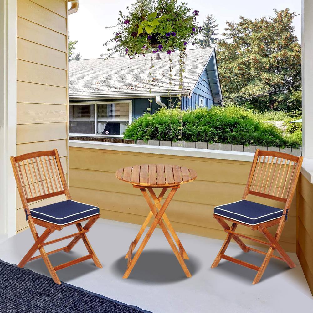 3-Piece Folding Acacia Wood Patio Bistro Set with Navy Cushions