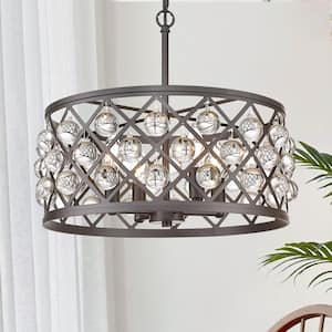 4-Light Farmhouse Oil Rubbed Bronze Round Drum Metal Chandelier with Clear Crystal Globes