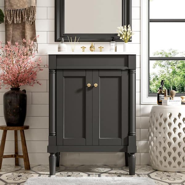 24 in. Single Sink Freestanding Black Bath Vanity with White Ceramic Top, Adjustable Soft-Close Hinges, Large Storage