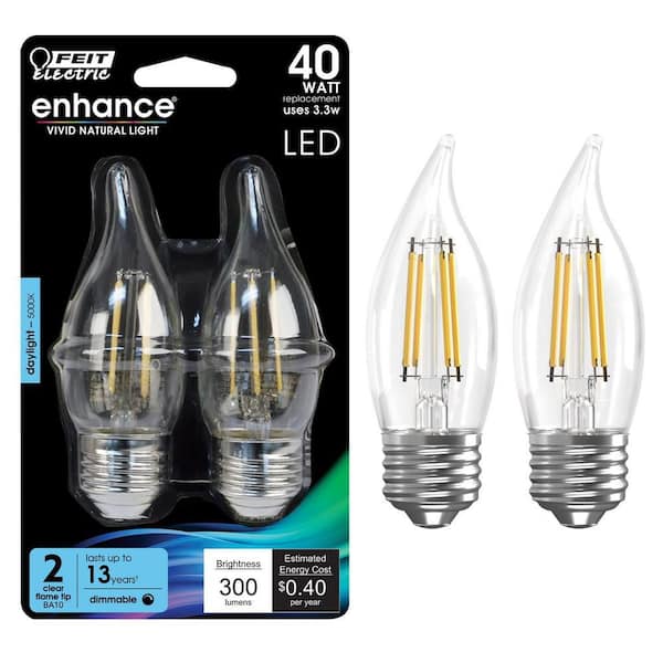 40-Watt Equivalent BA10 E26 Medium Dimmable Filament CEC Flame Tip Chandelier LED Light Bulb, Daylight 5000K (2-Pack)