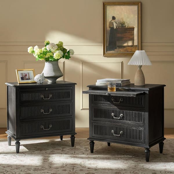JAYDEN CREATION Weer Charcoal Farmhouse Solid Wood 3-Drawer 26 in