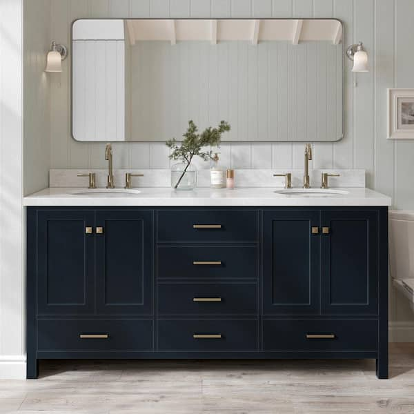 ARIEL Cambridge 73 in. W x 22 in. D x 36 in. H Vanity in Midnight Blue with Carrara White Marble Top