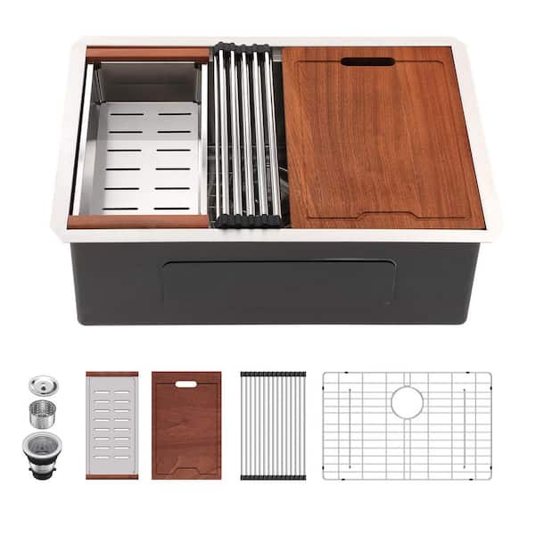 Stainless Steel 16-Gauge 27 in. Single Bowl Undermount Workstation Kitchen Sink Basin with Bottom Grid