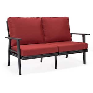 Walbrooke Black 1-Piece Metal Outdoor Loveseat with Red Cushions