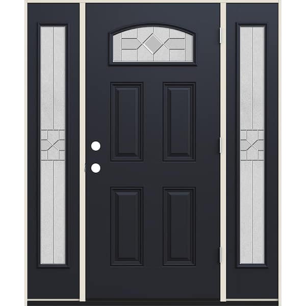 60 in. x 80 in. Left-Hand Camber Top Caldwell Decorative Glass Black Fiberglass Prehung Front Door w/Sidelites