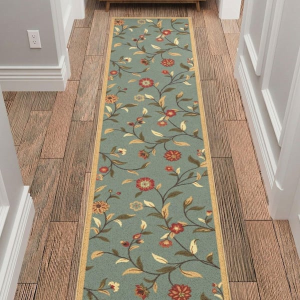 Homeline Non-Slip Rubberback 2 ft. x 15 ft. Floral Indoor, Dark Seafoam Green Runner Rug