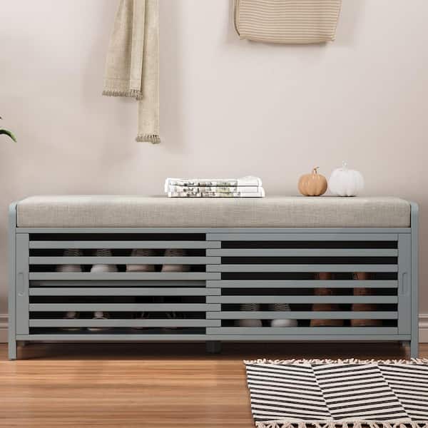 Lorven Grey 43.3 in. Distressed Shutter Bedroom Bench with Cushion, Entryway Storage Shoe Bench