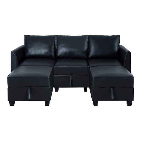 HOMESTOCK 87.01 in. W Faux Leather Modular Reversible U-Shaped Sectional Sofa with Double Chaise and Ottomans, in Black