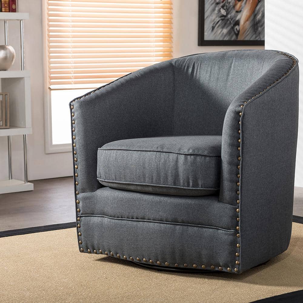 Gray Swivel Barrel Accent Chair with Nailhead Trim and Wood Base