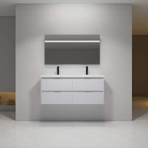 48 in. W x 18.3 in. D x 21.3 in. H Double Sink Floating Bath Vanity in White with White Resin Top