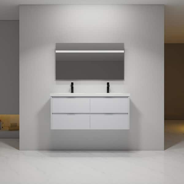 Staykiwi 48 in. W x 18.3 in. D x 21.3 in. H Double Sink Floating Bath Vanity in White with White Resin Top