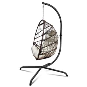 42 in. 1-Person Brown Metal Patio Swing with Stand and C Type Bracket Dark Beige Cushion and Pillow
