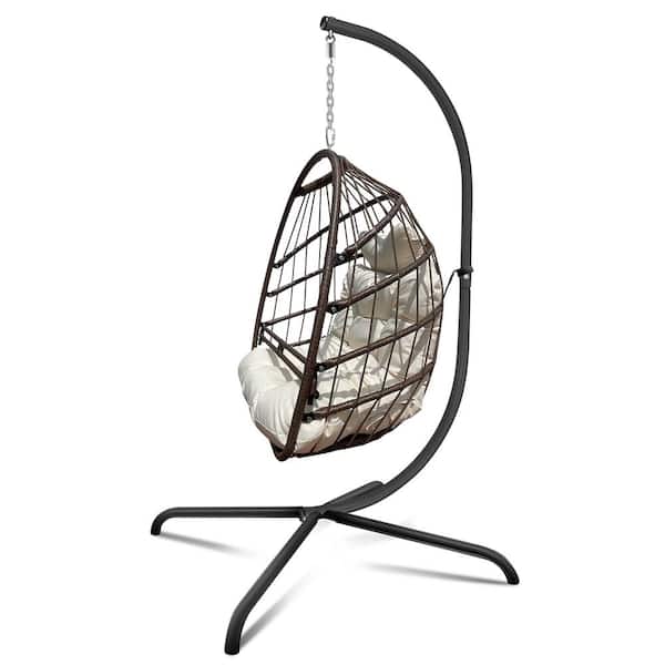 Runesay 42 in. 1-Person Brown Metal Patio Swing with Stand and C Type Bracket Dark Beige Cushion and Pillow