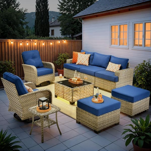 OVIOS Tiberte Gray 9-Piece Wicker Patio Conversation Seating Set with Navy Blue Cushions and Swivel Chairs