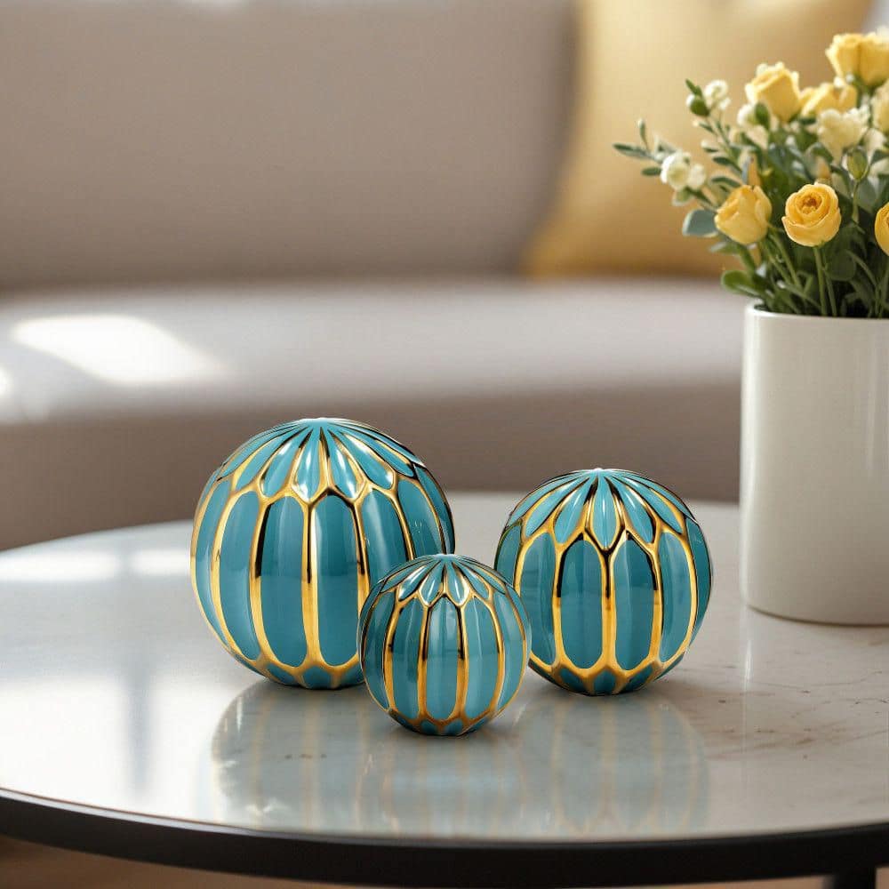 Set of 3 Turquoise and Gold Ceramic Decorative Orbs