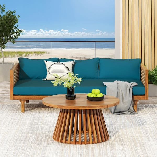 2-Piece Teak Brown Acacia Wood Patio Conversation Set with Teal Blue Cushions