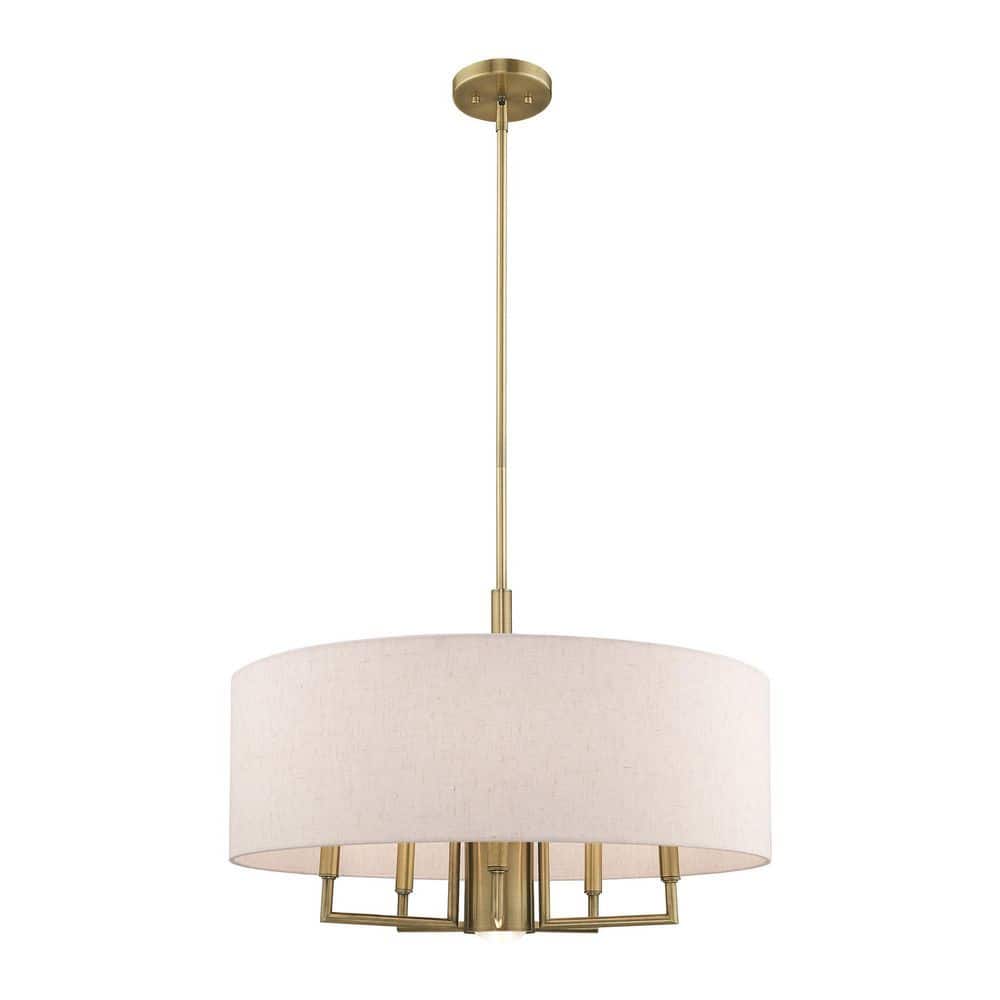 Antique Brass 6-Light Pendant Chandelier with Oatmeal Shade