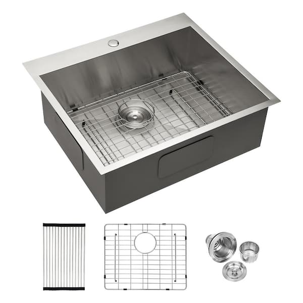 YSQCAR 25 in. x 22 in. Drop-in Single Bowl 18 Gauge Brushed Nickel Stainless Steel Kitchen Sink with Bottom Grid and Drain
