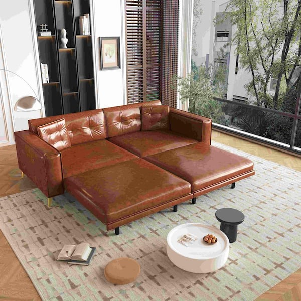 92.1 in. Square Arm Faux Leather Rectangle Sofa with Sofa Bed and Pillows in Light Brown (Seats 4)
