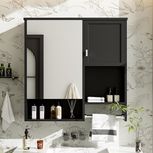 29.52 in. W x 28.74 in. H Rectangular MDF Medicine Cabinet in Black with Mirror and Towels Bar