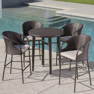 Dominica Multi-Brown 5-Piece Faux Rattan Round 41 in. Outdoor Serving Bar Set with Light Brown Cushion