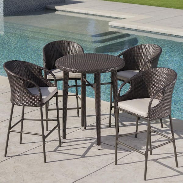 Noble House Dominica Multi-Brown 5-Piece Faux Rattan Round 41 in. Outdoor Serving Bar Set with Light Brown Cushion