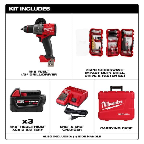 M18 FUEL 18V 1/2 in. Drill/Driver Kit  (3) 5.0Ah Batteries, Hard Case with 75-Pc Bit Set