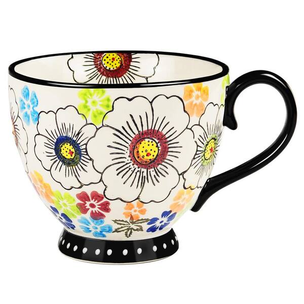 18OZ Ceramic Soup Bowl with Large Handle and Vintage Floral Embossed Design for Breakfast and Soup