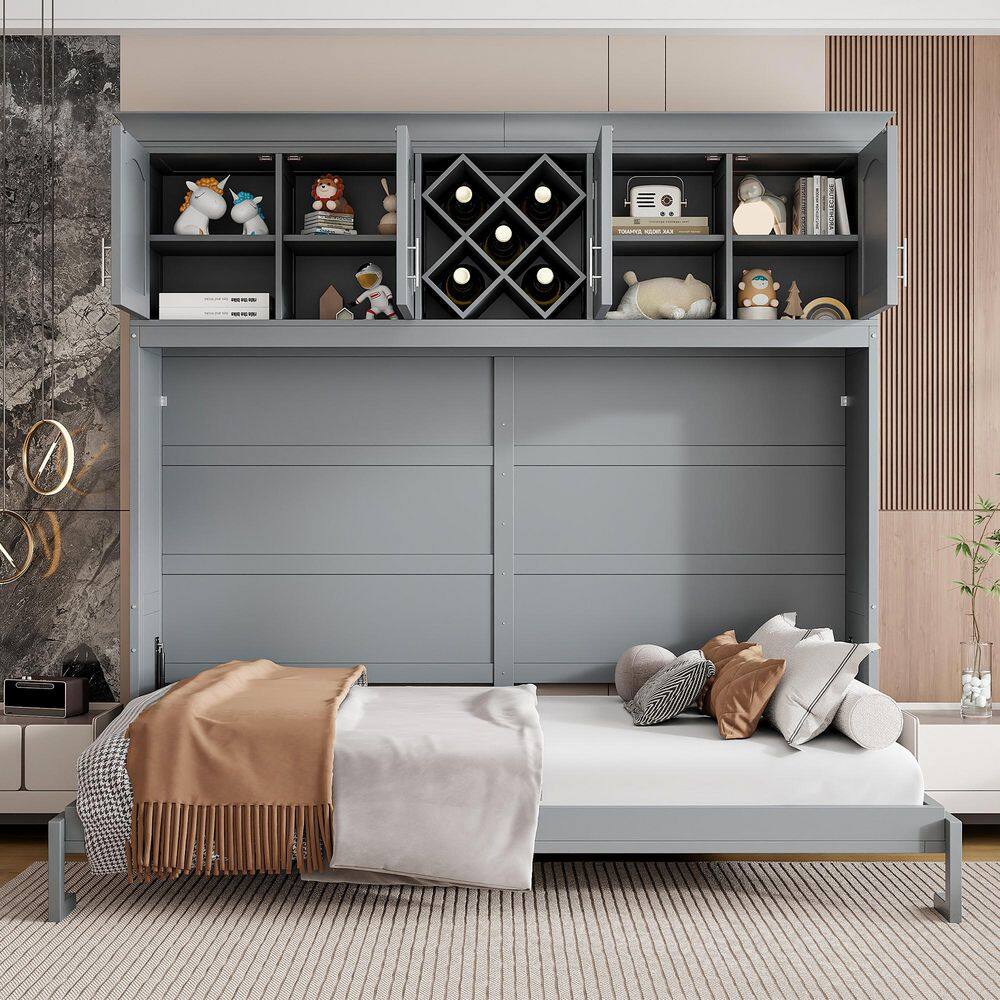Qualler Gray Wood Frame Queen Size Murphy Bed with Top Cabinets and ...