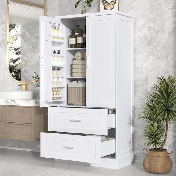 31.3 in. W x 16 in. D x 64 in. H White Freestanding Linen Cabinet with Adjustable Shelf and 2 Big Drawers