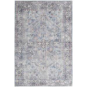 Light Grey and Blue 4 ft. x 6 ft. Oriental Power Loom Distressed Washable Area Rug
