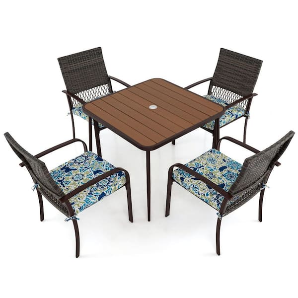 5-Piece Wicker Outdoor Dining Set with Armchairs,Square Table,Mix Blue Cushions,Wood-Plastic Tabletop with Umbrella Hole