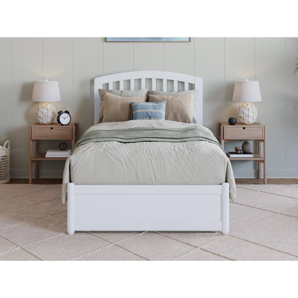 Lucia Twin XL White Wood Platform Bed with Trundle and Slatted Headboard