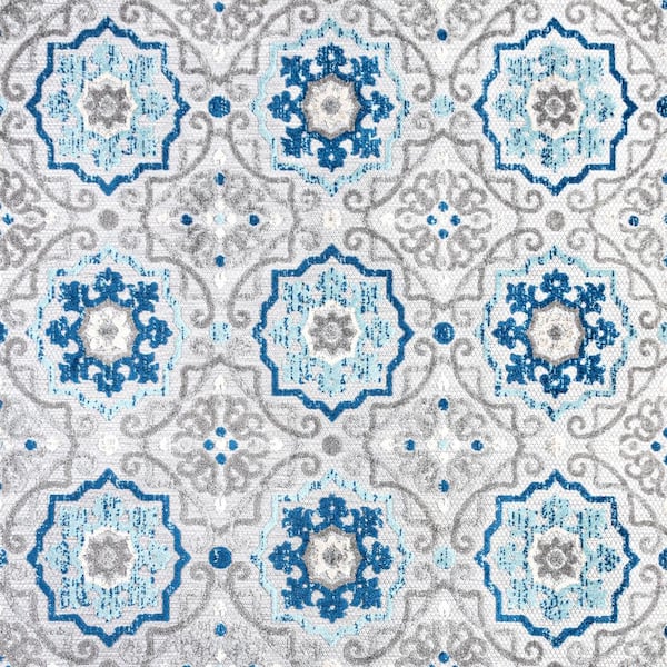 Mediterranean Medallion Blue/Gray 5 ft. Square Indoor/Outdoor Area Rug