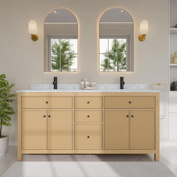 Pendry 72 in. Double Freestanding Tanned Oak Bath Vanity with White Carrara Marble Top Assembled