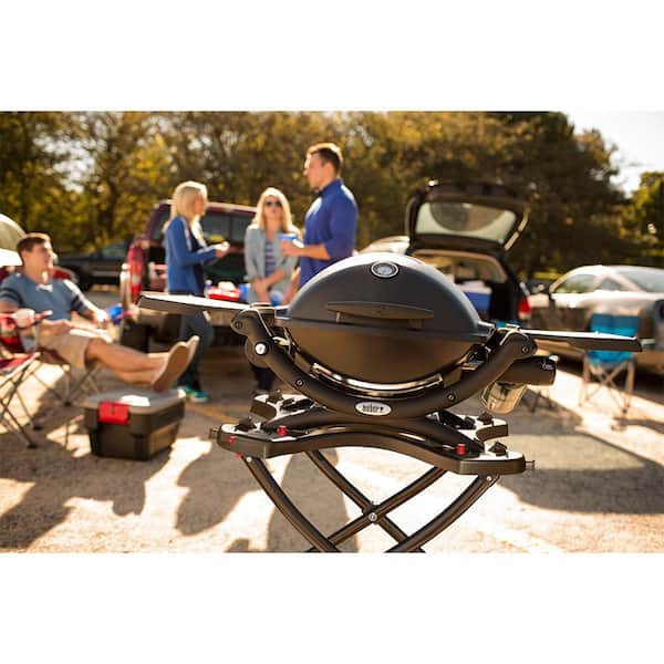 Weber Q1200 Portable Propane Gas Grill with Side Tables on Scissor Cart  (WEB-Q1200-PCART)