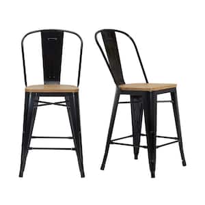 Finwick Black Metal Backed Counter Stool with Natural Wood Seat (Set of 2)