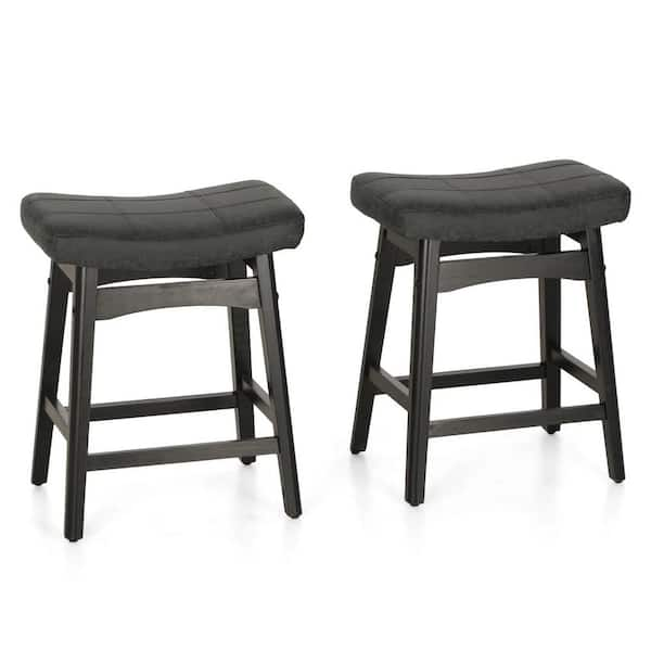 PHI VILLA 24 in. Black Saddle Design PU Leather Bar Stool with Wood Legs, set of 2