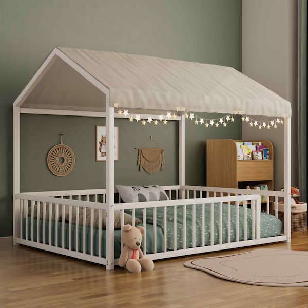 White Metal Frame Full Platform Bed with Fence for Kids and Toddlers