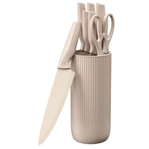 7-Piece Khaki Stainless Steel Kitchen Knife Set with Universal Knife Block Dishwasher Safe for Kitchen Cutting Meat
