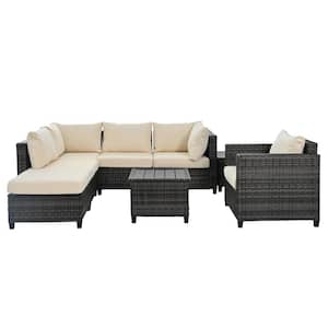 8-Piece Wicker Patio Conversation Set with Beige Cushions and 2 Coffee Tables