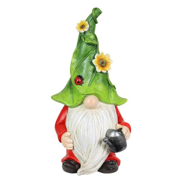Exhart Hand Painted Green Leaf Hat with a Watering Can, 5.5 in. x 10.5 in. Gnome Garden Statue