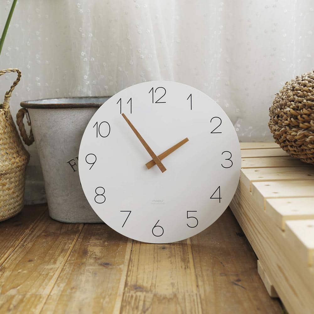 12" White and Wood Round Analog Wall Clock
