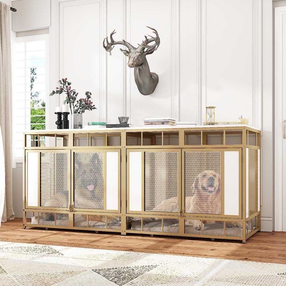 FUFU&GAGA Large Dog Kennels Crate, Indoor Dog Crate End Table, Mesh and Wooden Dog Cages for 2 Medium or Large Dogs,White and Gold