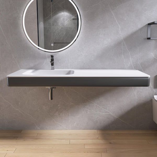 60 in. W x 22 in. D x 6 in. H Acrylic Bathroom Wall-Mount Sink in White with Faucet Hole, Motion Sensor Light