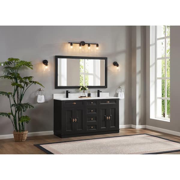WS2516-60-TB 60 in. Double Sink Sink Vanity Tricorn Black Bath Vanity with White 1 in. Artificial Stone Top