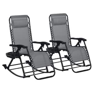 Gray Steel Outdoor Rocking Chair 2-Pieces, Foldable Reclining Zero Gravity with Pillow